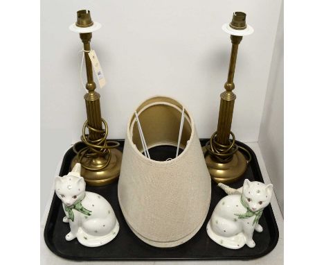 A pair of Laura Ashley brass table lamps, with shades; together with a pair of Rye Pottery ceramic cats. (4)