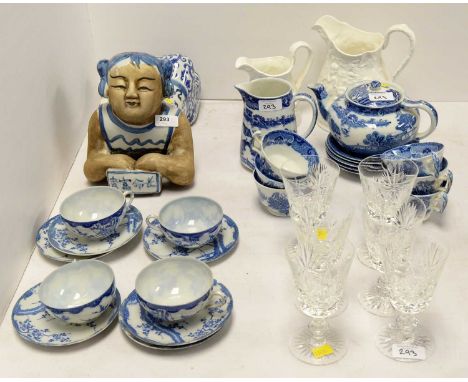A selection of ceramics and glass ware, including: Chinese blue and white ceramic figure of a girl, 33cms long; set of six Ed