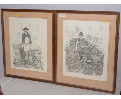 Robert Olley - A pair of caricatures of fishermen, signed and dated '76, limited edition prints, each approximately 37 x 29cm