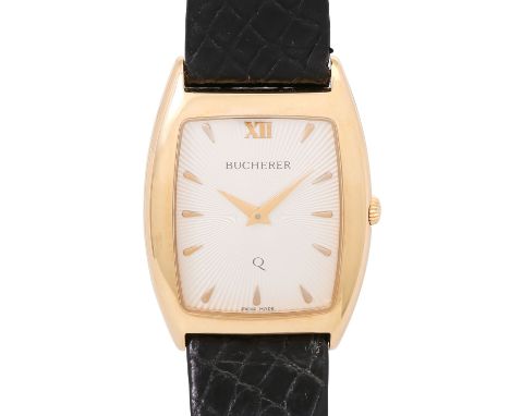 BUCHERER 18K Herren Tonneau Armbanduhr Ref. 956.049. 18K Gelbgold. Original Lederarmband mit vergoldeter Dornschließe. Quartz