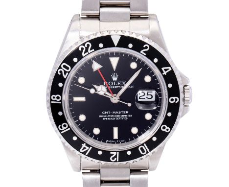 ROLEX GMT-Master Ref. 16700 Herrenarmbanduhr von 1991. Edelstahlgehäuse und Band. Automatikwerk Kal. 3175, funktionstüchtig. 