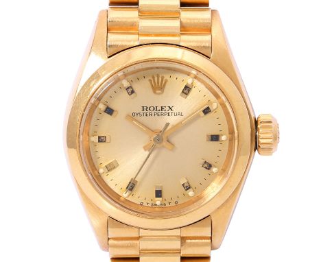 ROLEX Oyster Perpetual 26, Ref 6718. Damenuhr. 1973. Gelbgold 18K, Seriennummer: 324XXXX (1973). Automatik-Uhrwerk. Champagne