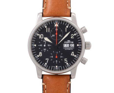 FORTIS Flieger Chronograph Ref. 597.10.141 Herren Armbanduhr. Edelstahl. Neues Lederband mit Dornschließe. Automatikwerk Valj