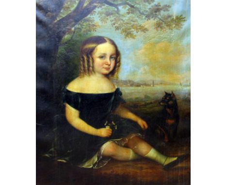 19th Century School. Portrait of a girl with a dog sat under a tree. Oil on Canvas. 70cm x 90cm.