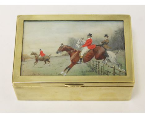 A brass box, the top set with a hunting scene painted panel. L13.5cm. Condition - minor ding to side, otherwise ok.
