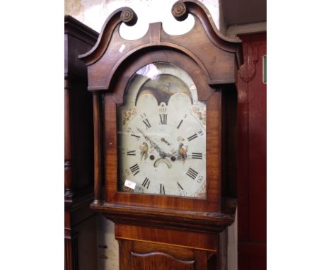 A 19th Century oak long case clock with painted enamel rolling moon dial. H199cm