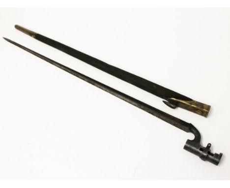 A triangular blade socket bayonet and scabbard. L65cm. Condition - blade rusty but minor dings only, leather worn.