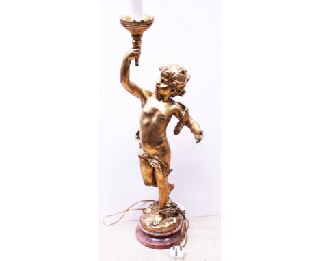 A gilt metal lamp on marble base after Eugene Moreau. H80cm