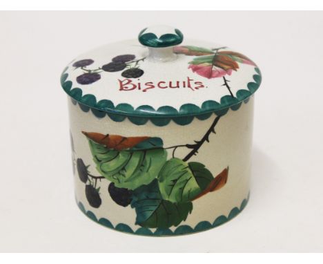 A Wemyss biscuit jar. H10.5cm. Condition - crazing throughout, some of which is borderline hairline, minor wear to decoration