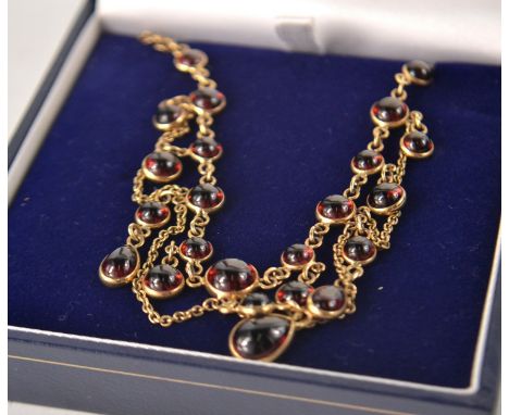 Victorian style 9ct gold 23 garnet drop necklaceGross weight approx 13.7g