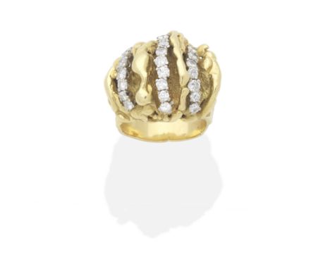 GRIMA: DIAMOND DRESS RING, 1964Set with rows of graduating brilliant-cut diamonds, between sculptural pleats of textured 18 c
