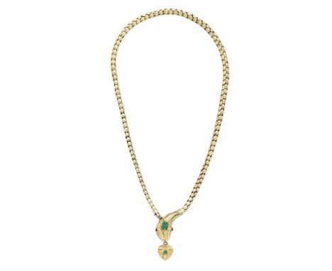 GEM-SET SERPENT NECKLACE, MID 19TH CENTURYThe head with cabochon red paste eyes and foliate decoration, set with a step-cut e