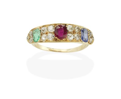 GEM-SET RINGSet with a cushion-shaped sapphire, ruby and emerald, and clusters of old cushion-shaped diamonds, diamonds appro