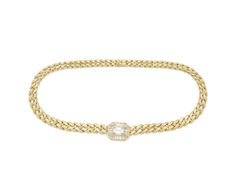 ADLER: DIAMOND NECKLACEThe step-cut diamond, weighing 3.18 carats, within a baguette-cut diamond surround, on an integrated c