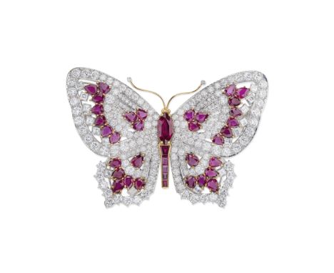 GARRARD: RUBY AND DIAMOND BUTTERFLY BROOCH, 1987Brilliant and square step-cut diamonds, pear, marquise and calibré-cut rubies
