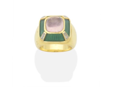 ELIZABETH GAGE: ENAMEL, ROSE QUARTZ AND DIAMOND RINGSet with a sugarloaf rose quartz, the surround with green enamel decorati