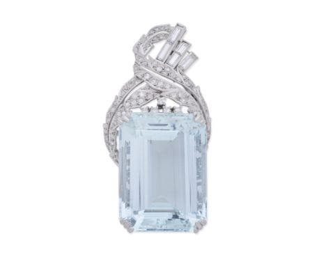 AQUAMARINE AND DIAMOND BROOCH/PENDANT, CIRCA 1950Single and baguette-cut diamonds, step-cut aquamarine, diamonds approx. 2.50