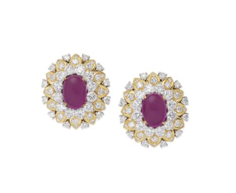 RUBY AND DIAMOND EARRINGSEach oval-cut cabochon ruby, within a brilliant-cut diamond surround, diamonds approx. 4.00cts total