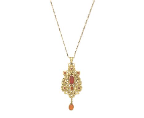 ATTRIBUTED TO OMAR RAMSDEN: FIRE OPAL PENDANT, CIRCA 1925The foliate shield-form pendant, set with oval, circular and step-cu