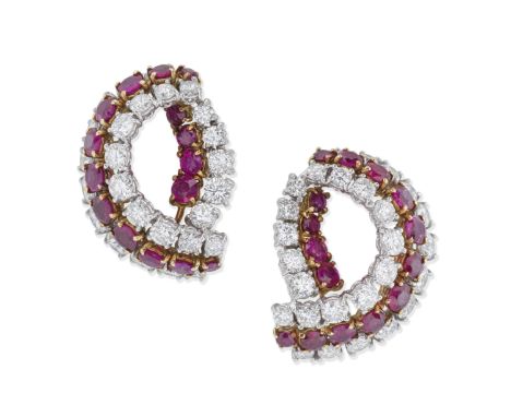 RUBY AND DIAMOND EARRINGSBrilliant-cut diamonds, circular-cut rubies, diamond approx. 7.50cts total, length 2.7cm, fitted cas