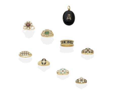 A COLLECTION OF GEM-SET RINGS AND HAIRWORK PENDANT1st: Decorated with black enamel inscribed IN MEMORY OF, 1900, 2nd: Set wit