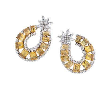 DIAMOND AND CITRINE EARRINGSEach articulated hoop, set with a tapered line of step-cut citrines, between rows of brilliant-cu