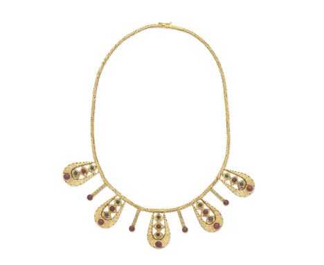 LALAOUNIS: GEM-SET NECKLACEThe fancy-link necklace with openwork plaques accented by ruby cabochons and circular-cut sapphire