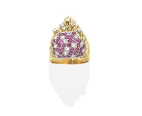 CHARLES DE TEMPLE: RUBY AND DIAMOND RING, 1966The tapering band of reeded abstract design, the bombé front section pavé-set w