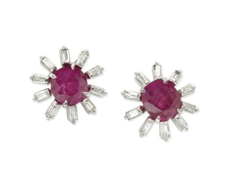 RUBY AND DIAMOND EARRINGSCushion-shaped rubies, baguette-cut diamonds, rubies approx. 1.10 and 1.40cts, diamonds approx. 0.60