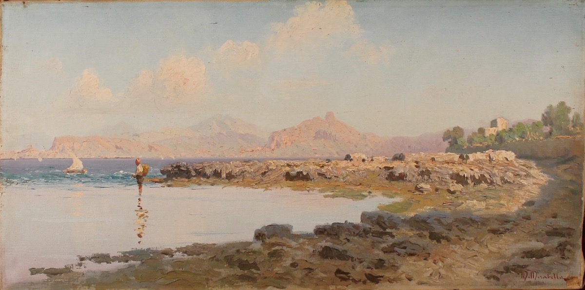 MARIO MIRABELLA 1870 1931 Scogliera Palermitana Con Pescatore MARIO mario-mirabella-1870-1931-scogliera-palermitana-con-pescatore-mario