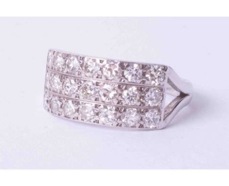 A diamond three row ring, approx. one carat diamond weight, size Q.