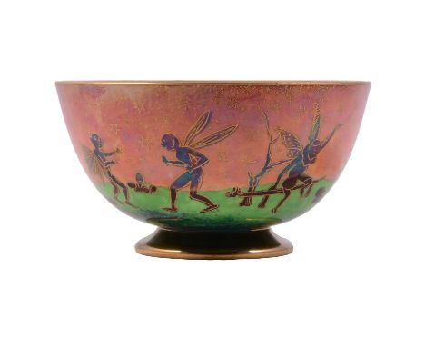 Daisy Makeig-Jones for Wedgwood, a Fairyland lustre bowl, 'Leapfrogging Elves' pattern to the exterior, circa 1920, shape 259