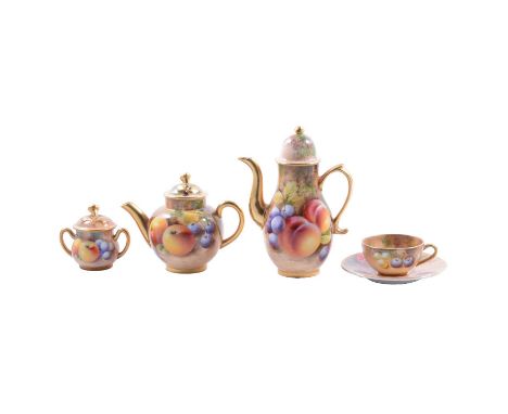 Royal Worcester fruit painted miniature coffee pot, signed Roberts, 12cm, a fruit painted minature teapot signed Roberts, 8.5