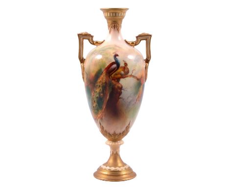 J Flaxman for Royal Worcester, a twin handled vase painted with peacocks, 1925, factory marks 'No. 247/H', 18cm.Condition rep