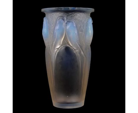 René Lalique, 'Ceylan' an opalescent glass vase, design introduced 1924, moulded in relief with paired parakeets, wheel engra