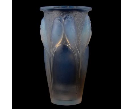 René Lalique, 'Ceylan' an opalescent glass vase, design introduced 1924, moulded in relief with paired parakeets, wheel engra