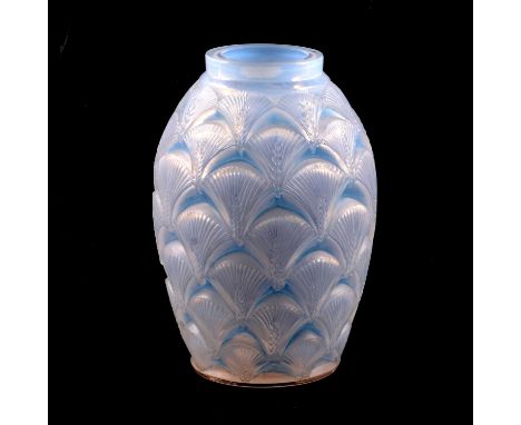 Rene Lalique, 'Herblay' design opalescent glass vase, design introduced 1932, heightened with staining, with original metal l