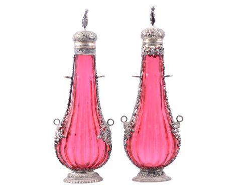 Silver mounted ruby glass flask, probably Austria-Hungary, 19th century, lightly fluted flattened pear form with a screw-fitt