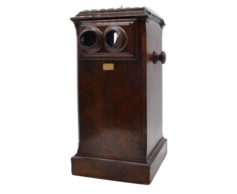 Victorian table top stereoscope cabinet, Dollond, London, hinged top, action rotating glass slides, binocular viewer, plinth 