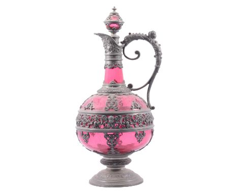 Continental pewter mounted ruby glass claret jug, probably German, late 19th century, of ewer-shape with Renaissance style ca