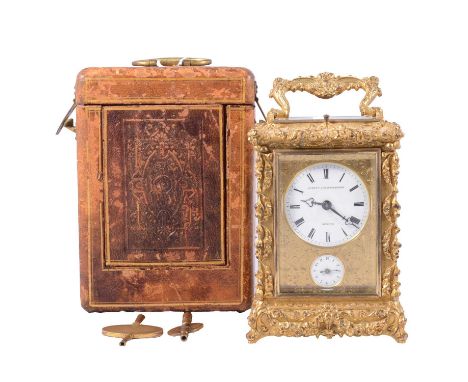 French ormolu carriage clock, Aubert &amp; Klaftenberger, Geneva, finely cast and chased case, bright-cut slip, white enamell