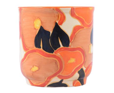 Clarice Cliff, 'Orange Chintz' pattern fern pot, Fantasque backstamp, 9cm high.Condition report:There is a fine hairline runn