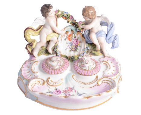 Dresden rococo style encrier, Augustas Rex mark, second half of the 19th century; two inkwells (one damaged).Condition report