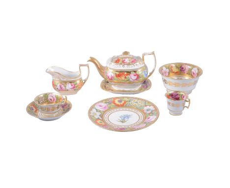 English hybrid hard paste porcelain teaset, perhaps Thomas Rose, Coalport, well-painted with flowers against a gold ground, i