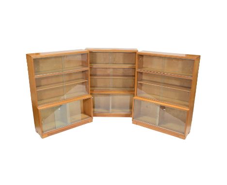 Three light oak sectional bookcase, 1950’s, sliding glass doors, width 89cm, height 122cm.Qty: 3