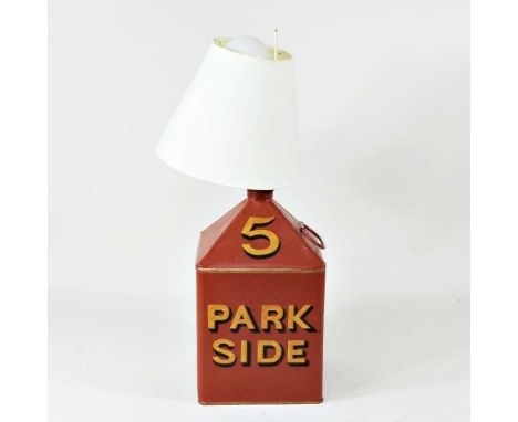 A toleware table lamp, inscribed Park Side, with shade, 42cm high