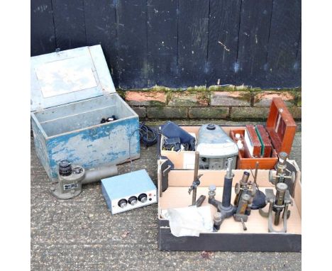 A collection of scientific tools, to include microscopes