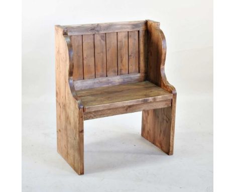 A small rustic pine pew, with a boarded back73w x 42d x 91h cm