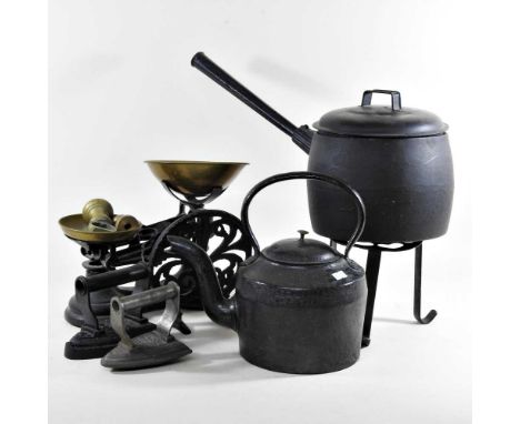 A pair of cast iron kitchen scales, with brass weights and various metalwares, to include pans and flat irons