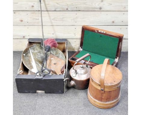 A collection of fire tools and metalwares, to include a copper kettle and a 19th century writing slope